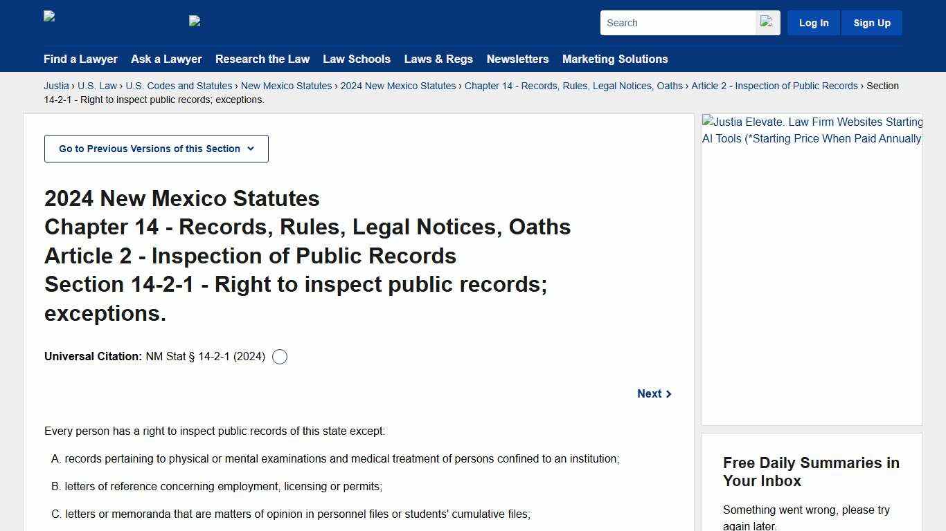 New Mexico Statutes Section 14-2-1 (2024) - Right to inspect public records; exceptions. :: 2024 New Mexico Statutes :: U.S. Codes and Statutes :: U.S. Law :: Justia